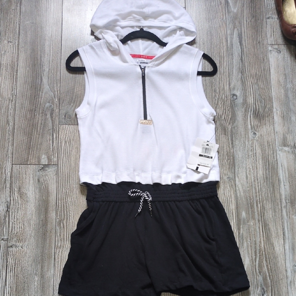 DKNY Sport Girls White Color Block One Piece Hooded Romper XL NWT